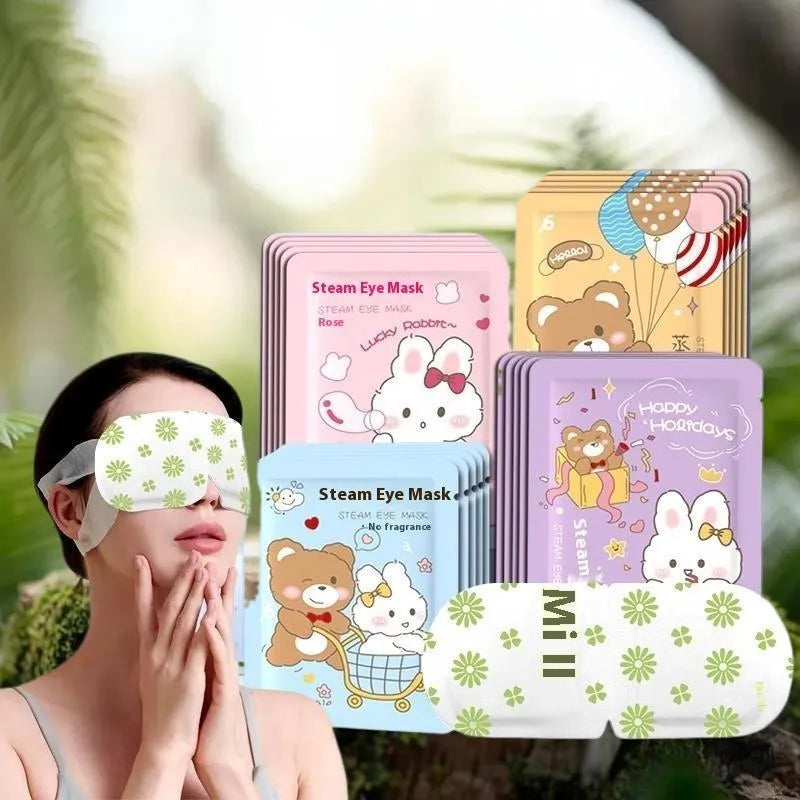 Cartoon steam eyeshade with rabbit and bear design, hot compress cotton eye mask for eye fatigue relief