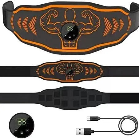 Smart EMS massage belt fitness equipment with rechargeable battery in orange and blue colour options