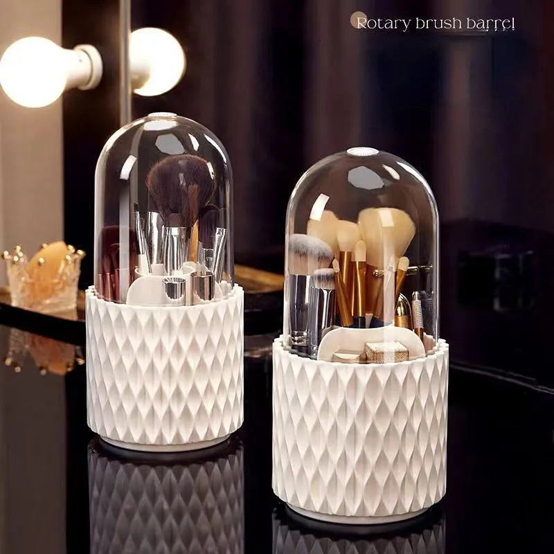 White acrylic makeup brush storage box with transparent dust cover and rotating design