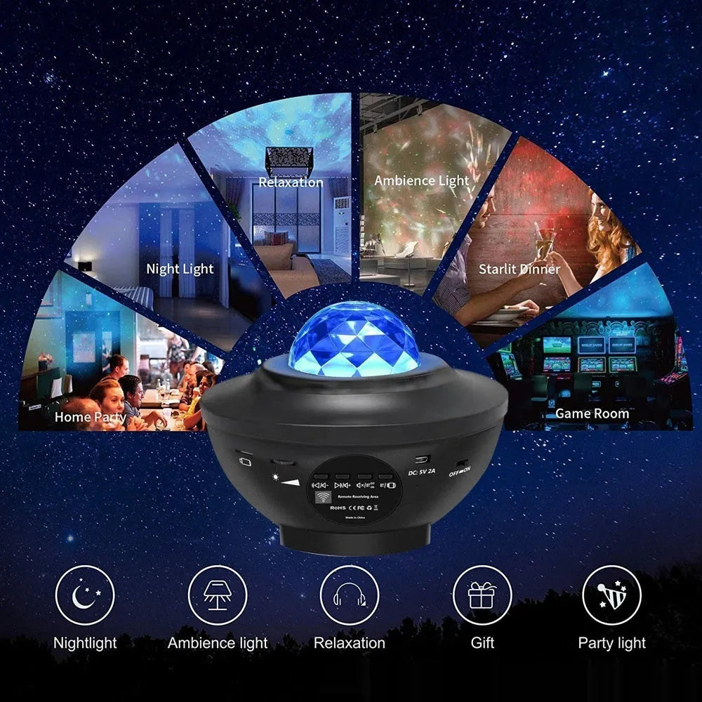 Black USB Bluetooth starry sky projection lamp with rotating water ripple laser effects on desktop