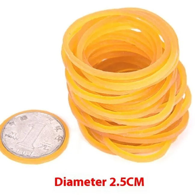 500g pack of yellow rubber bands showing multiple diameter sizes from small to large