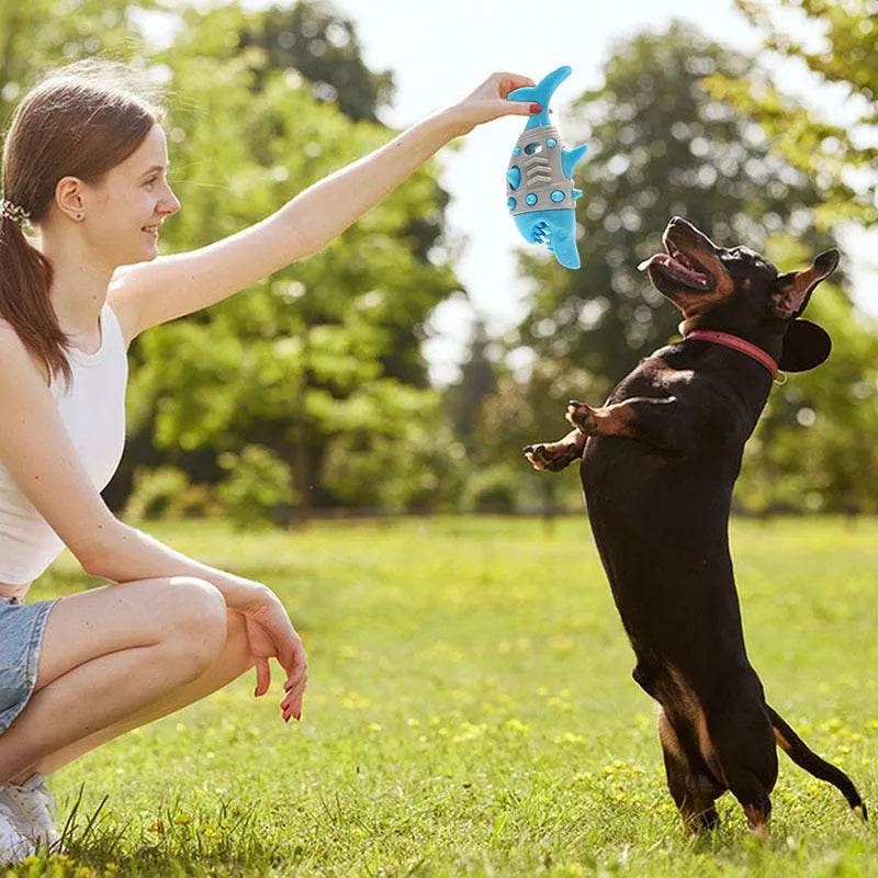 Dog teething leaky toy in blue with shark-tooth surface and treat cavity