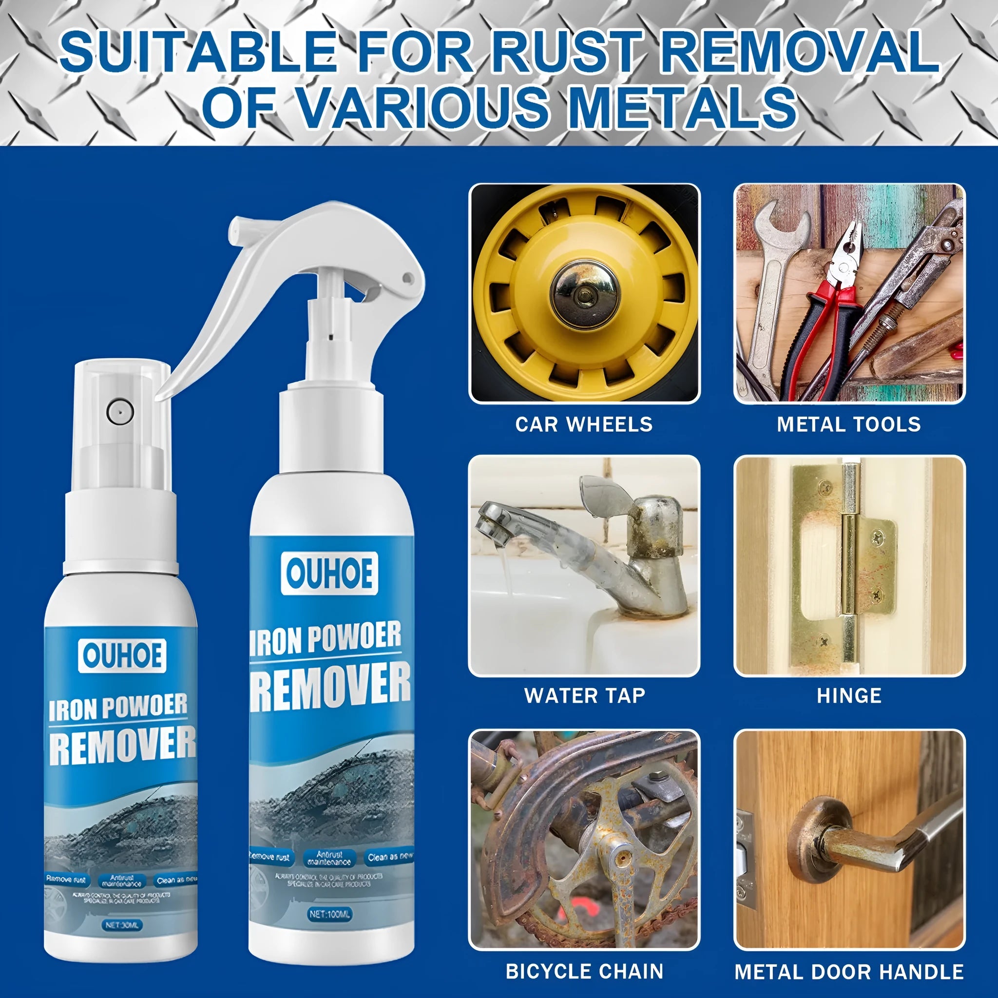 Automotive rust removal spray bottle with optional sponge and towel for car metal surface treatment