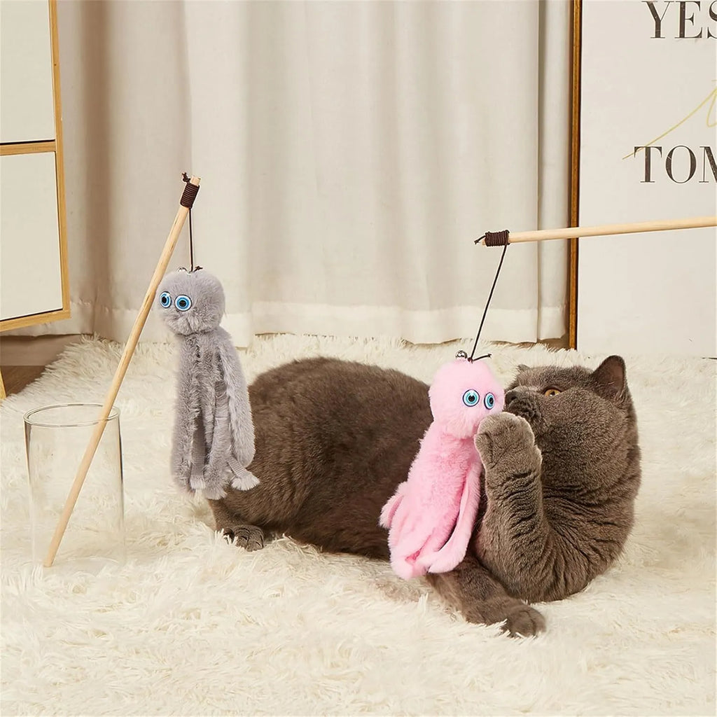 Octopus-themed cat toy with long stick attachment in bright colours for indoor feline play