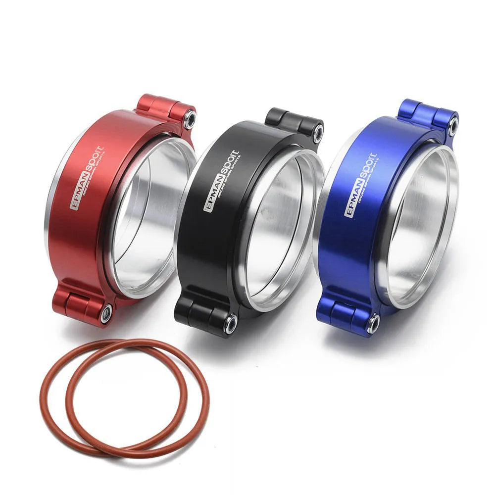 Aluminium exhaust clamp for turbo downpipes in black, blue, and red with 800psi pressure rating