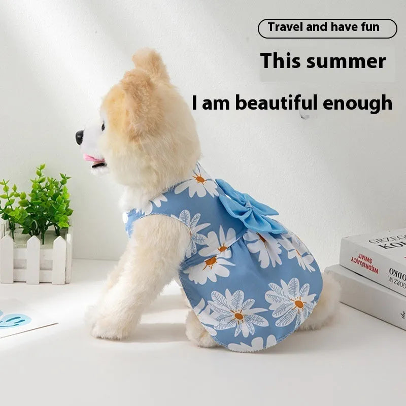 Ultra-thin summer pet dress with floral butterfly princess styling and decorative knot details