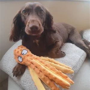 Blue dog squeaky toy octopus no stuffing crinkle plush on white background