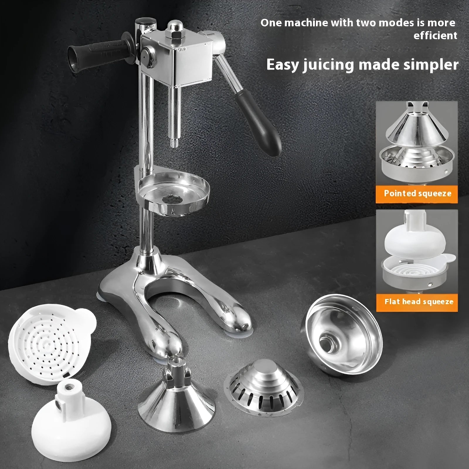 Vertical stainless steel manual juicer with choice of coloured finishes and head attachments on a kitchen worktop.