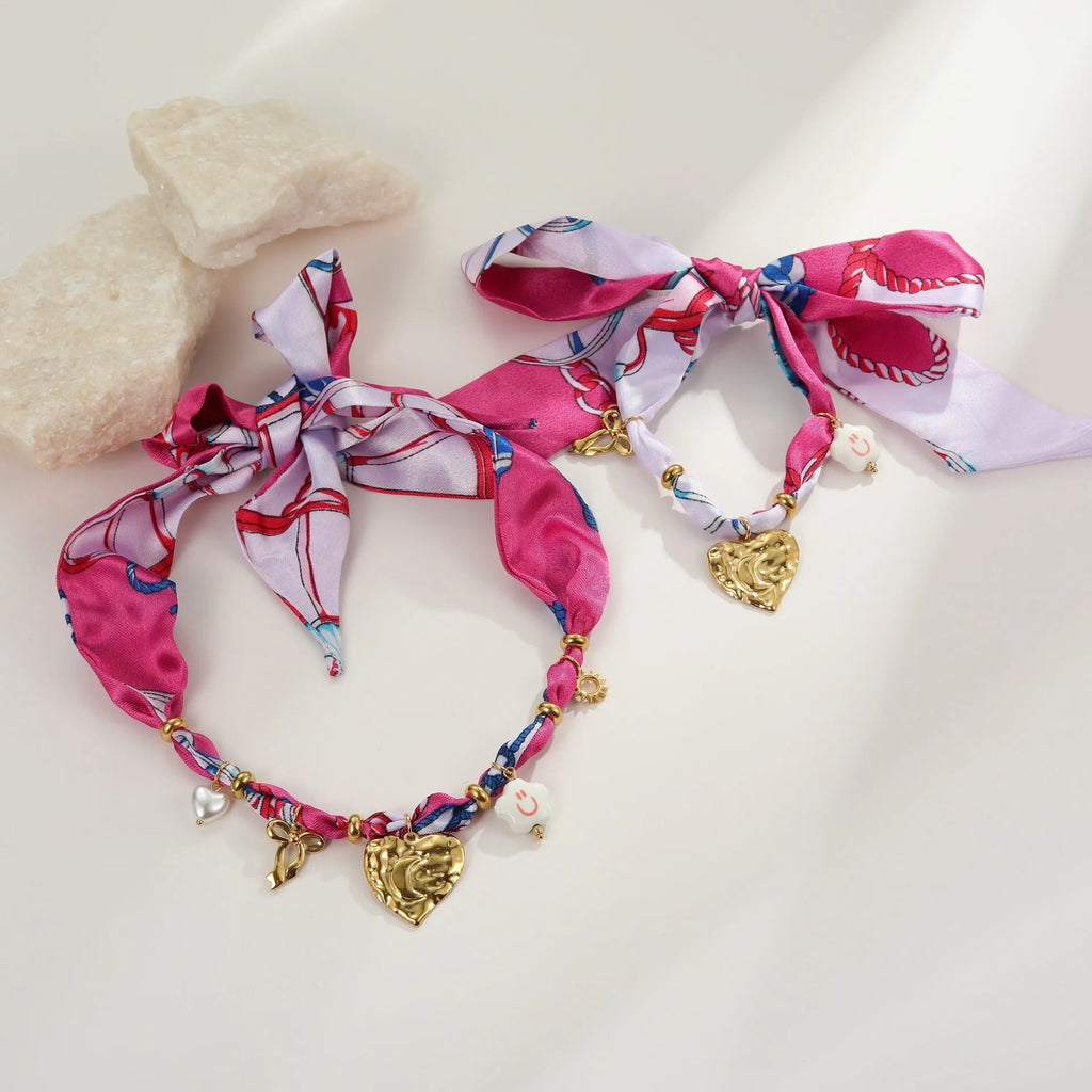 Stainless steel jewellery set with colourful silk scarf geometric pendant, necklace and bracelet