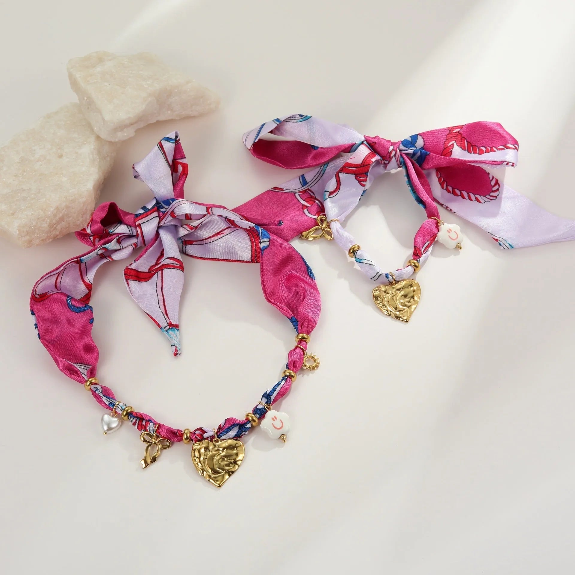 Stainless steel jewellery set with colourful silk scarf geometric pendant, necklace and bracelet