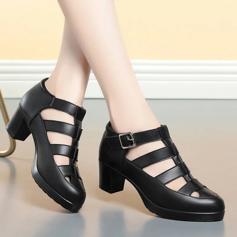 Closed toe chunky heel sandals for women, woven hollowed upper, ankle strap, beige colour, side view