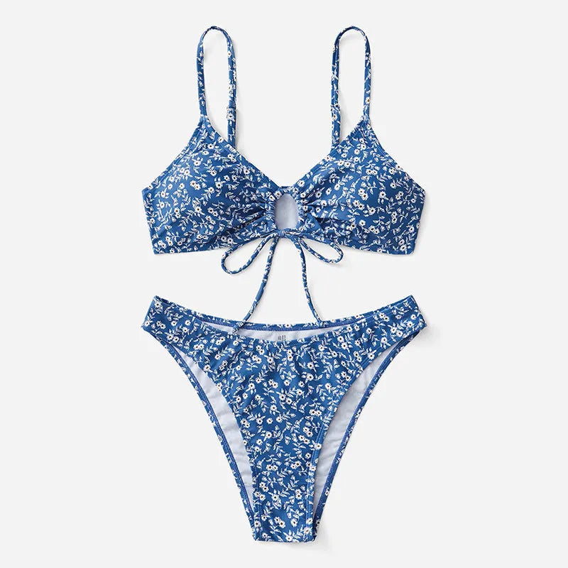Blue women's swimsuit three-piece set with separate top and shorts