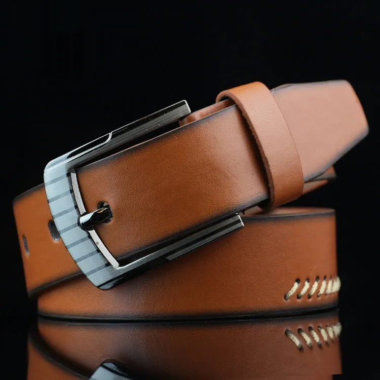 Men's retro-style patterned imitation leather belt with pin buckle in black, white, and brown colour options
