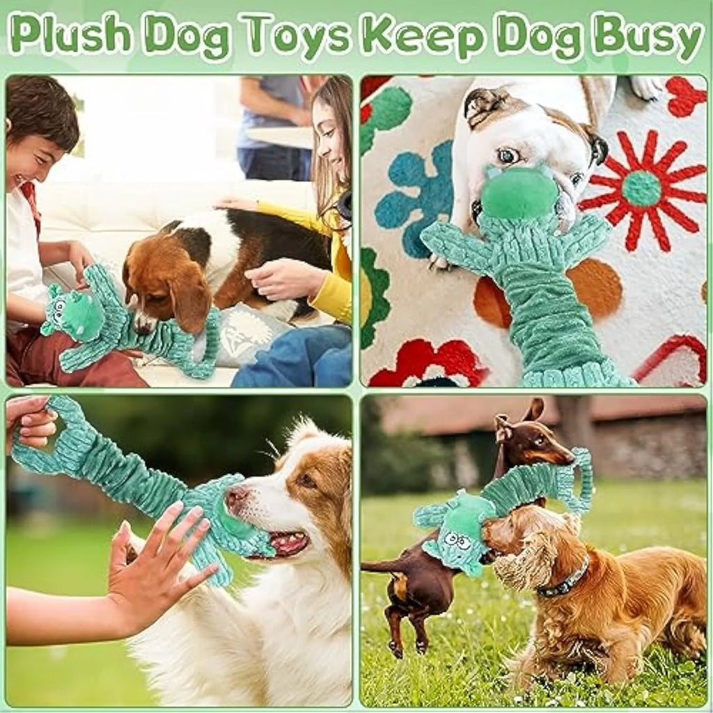Large plush Hippo or Monkey dog toy with a handle, for squeaky and tug-of-war play.