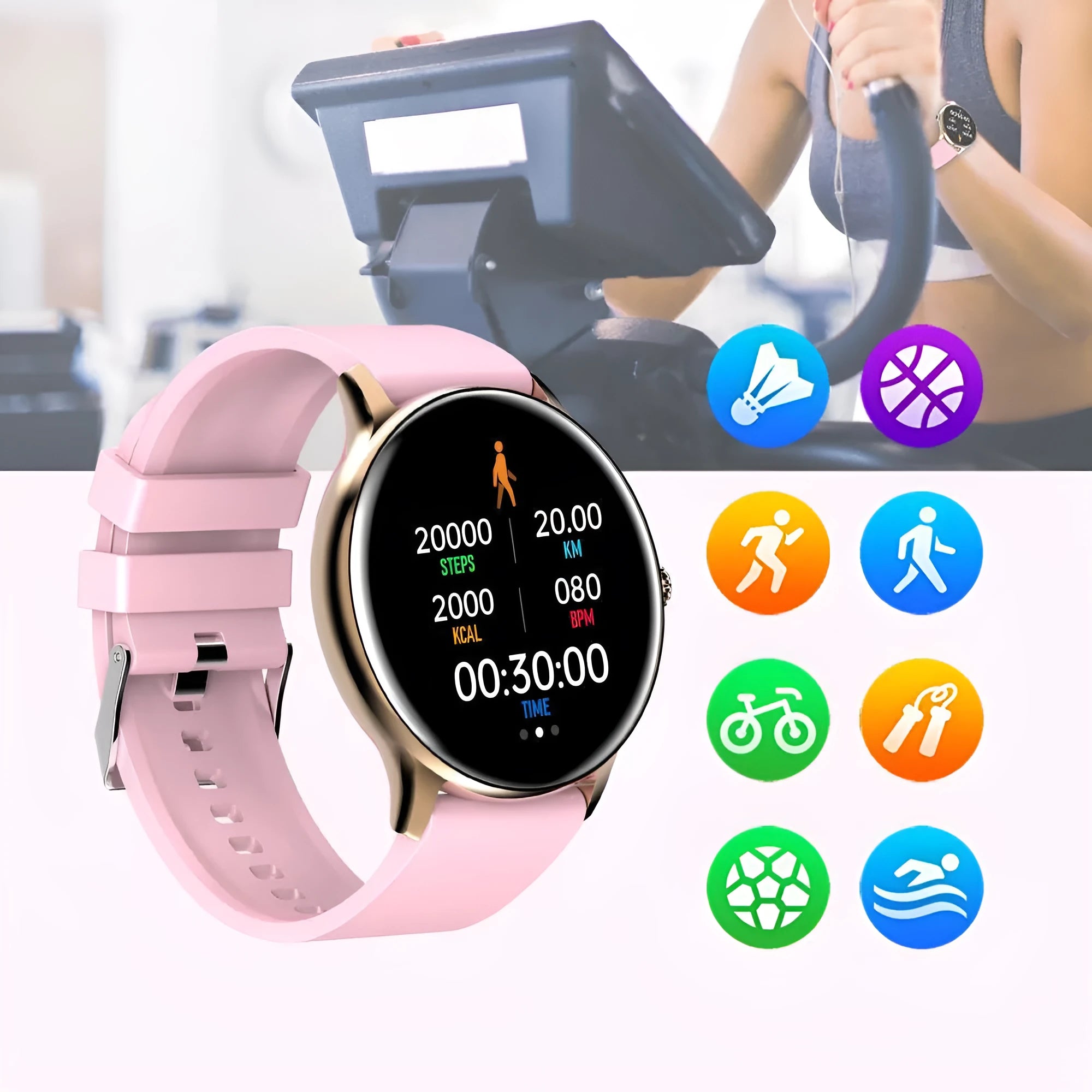 Black smartwatch with blood pressure monitoring on a silicone wristband, showing 1.28-inch touchscreen