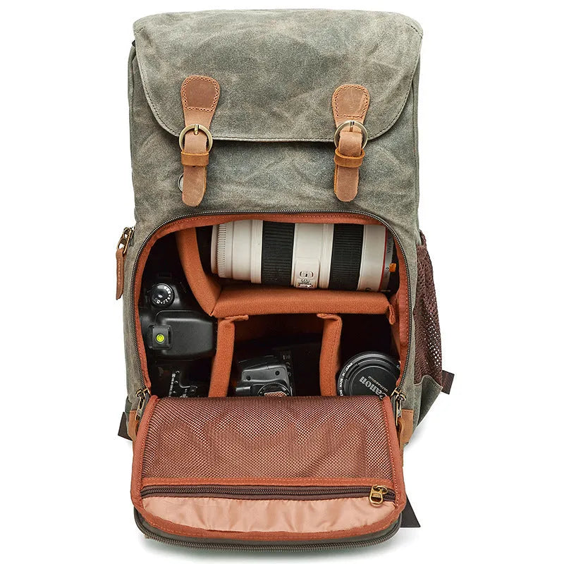 Canvas multi-functional DSLR camera backpack in khaki, waterproof and wear-resistant solid colour design