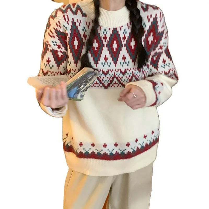 Red and white striped loose fit retro pullover knitted top with long sleeves