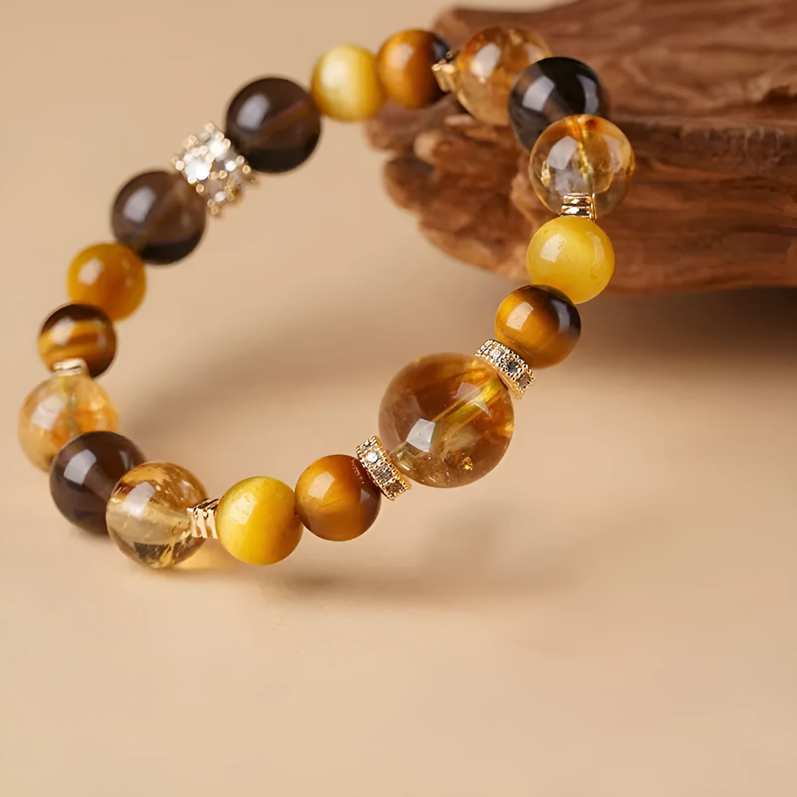 Natural yellow tiger-eye crystal bracelet with geometric beads in Jinba style
