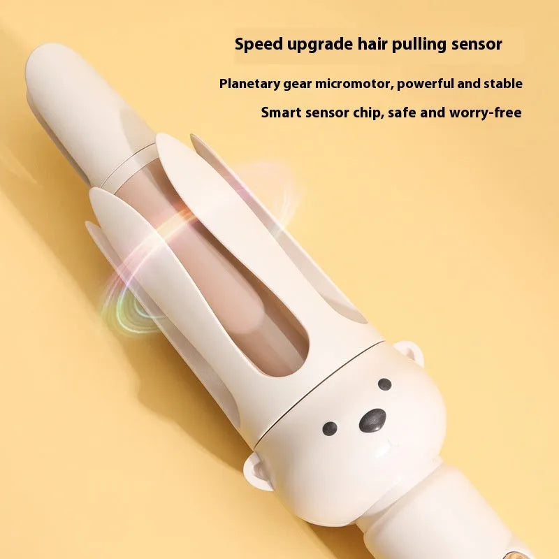 Beige anion automatic hair curler with rotating barrel on white background