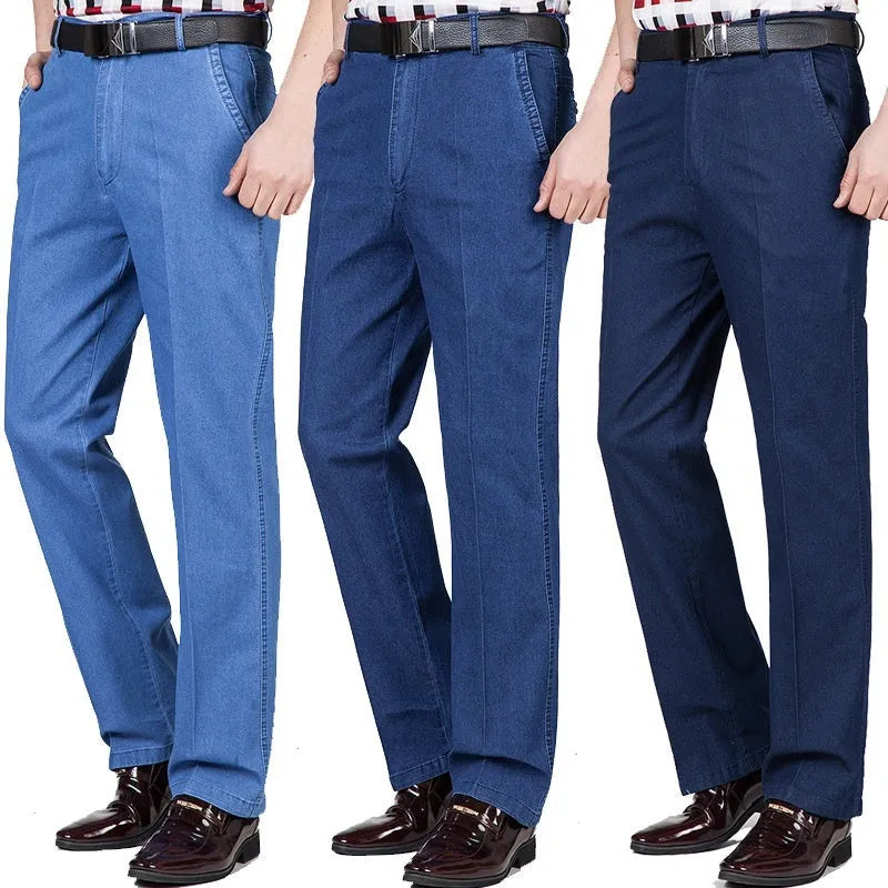 Men's high waist loose casual jeans cotton denim zipper fly thin light blue colour