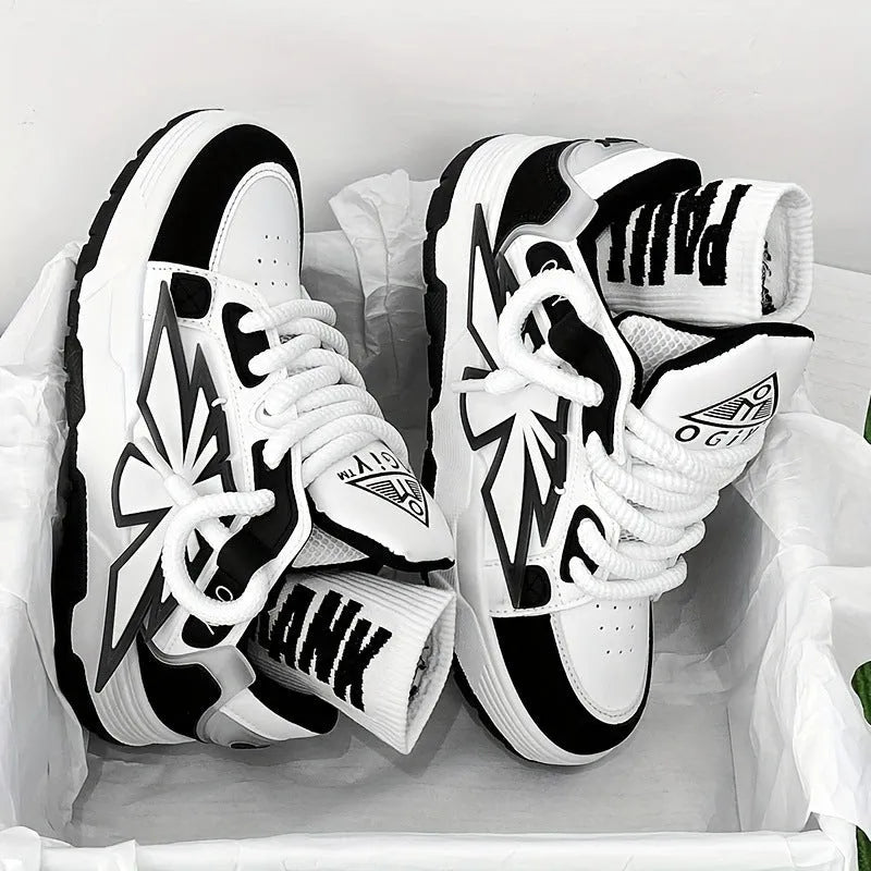 Men's white chunky Harajuku-style sneakers with thick rubber sole and lace-up front.