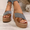 Brown and black cross leopard plaid wedge sandals with rubber soles for casual wear