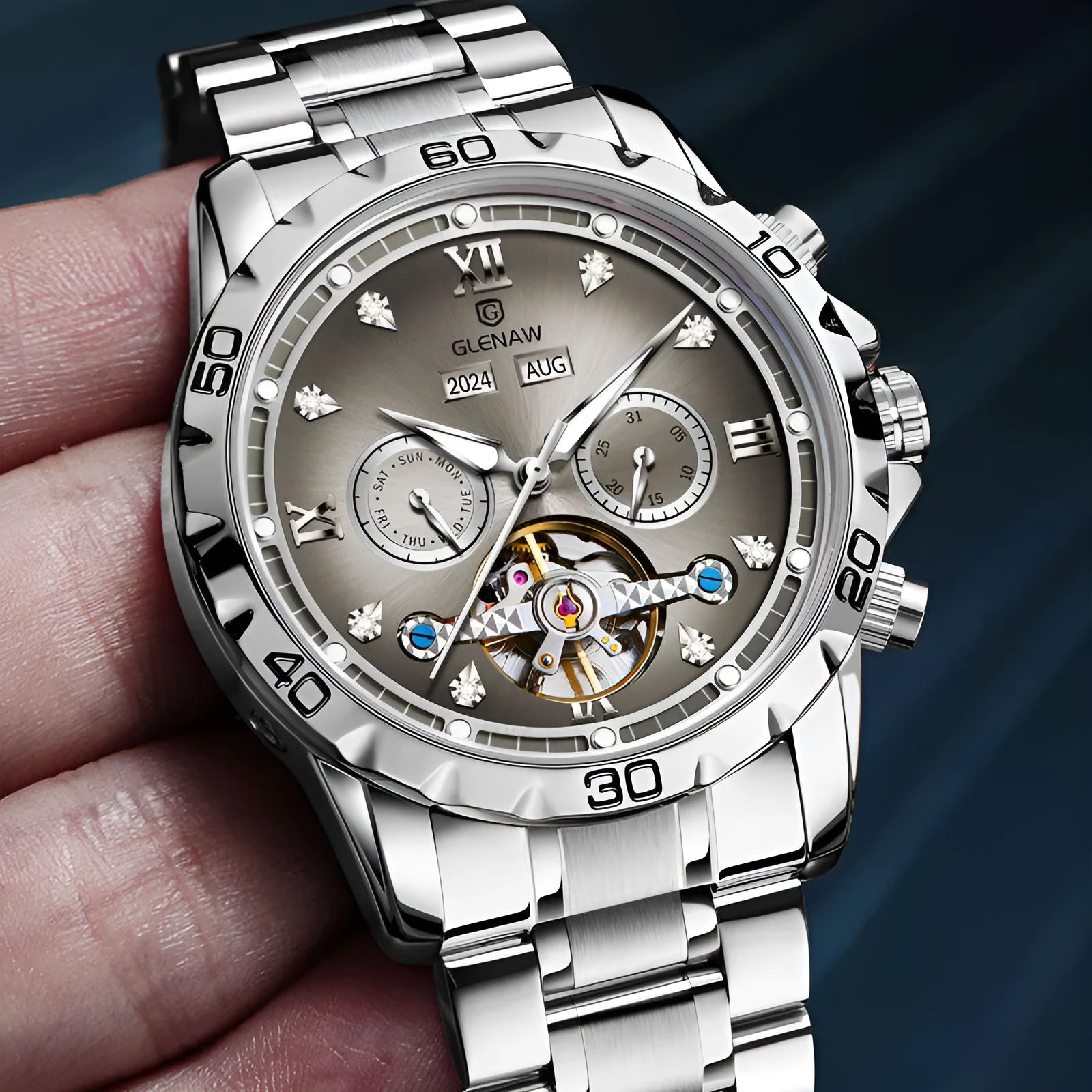 Men's automatic mechanical watch with business styling and stainless steel strap