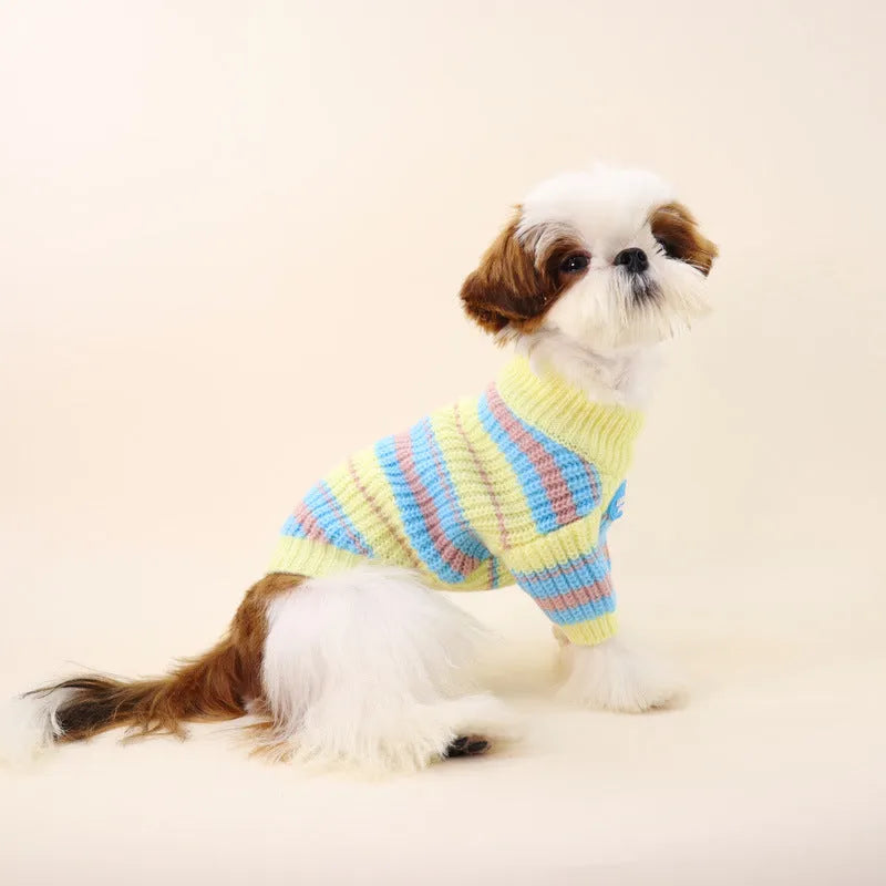 Blue and yellow striped wool dog sweater for small breeds in six sizes