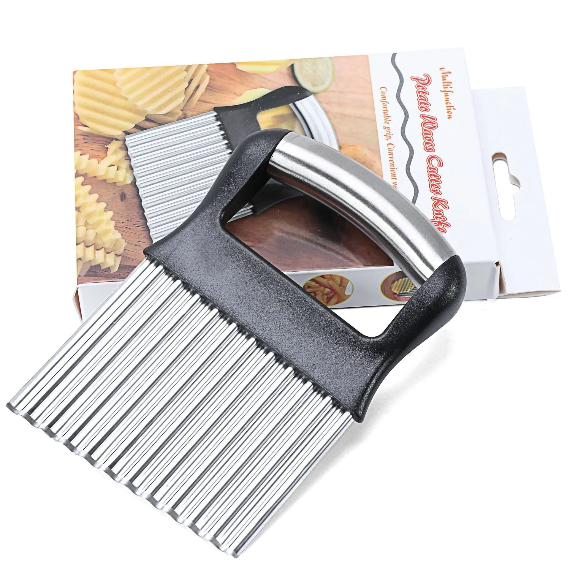 Stainless steel potato wave knife for making crinkle-cut chips, 14 by 9 centimetres