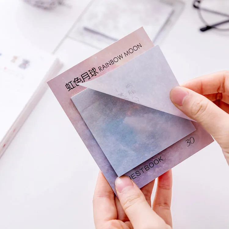 Square planet sticky notes pad with 7.3cm dimensions showing oil painting artwork of Earth, Mars, and moon designs