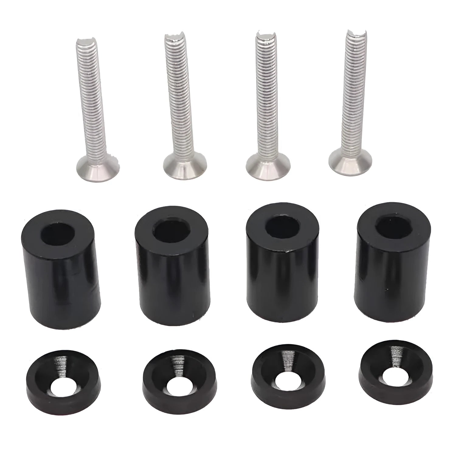 Aluminium alloy automotive bolt kit with screws, nuts, and washers in black, blue, and red colours