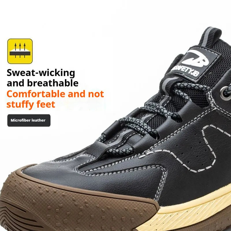 Flyknit leather safety work shoe with rubber sole shown in black colour