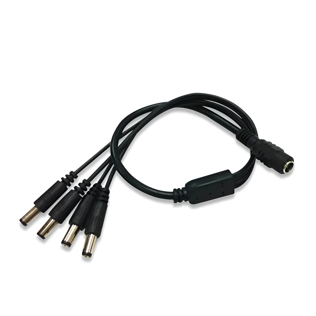 Black DC 1-to-4 monitoring power cord with copper core, 0.39m length, 5.5mm connectors for CCTV cameras