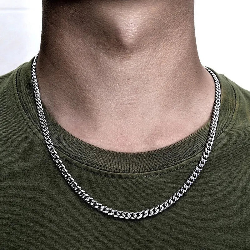 Men's stainless steel cube rope chain necklace in silver finish on a neutral background, 18-24 inch lengths available