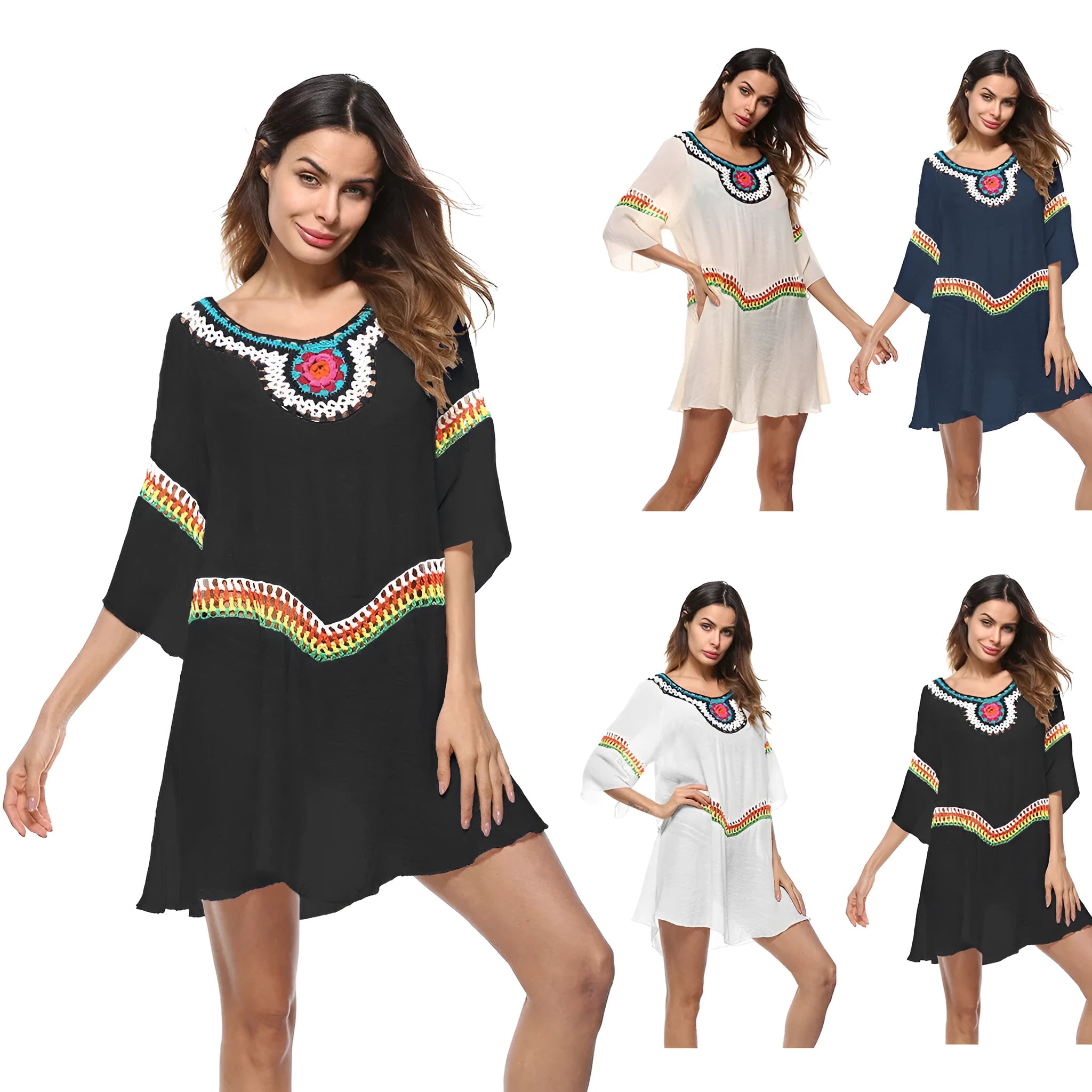 Crocheted ethnic style sun protection clothing for women in apricot, black, sapphire blue, or white.