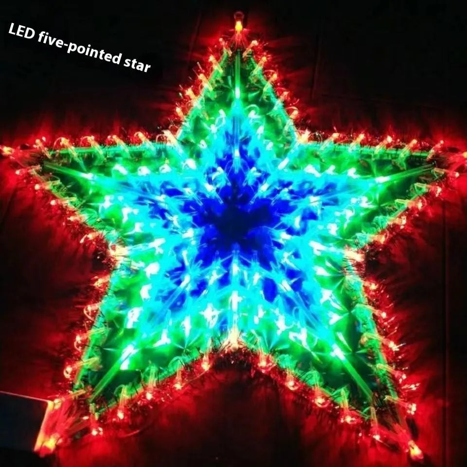 Outdoor Christmas string lights showing peacock, heart, sunflower and star shaped decorative bulbs