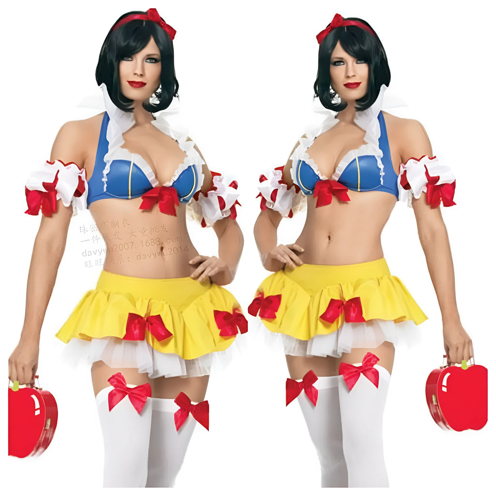 Anime Halloween Snow White costume set with headwear, top, short skirt, and hand sleeves in cotton blend fabric
