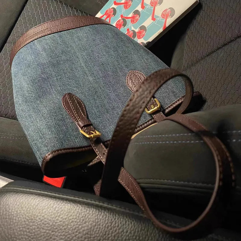 Denim patchwork large capacity retro one-shoulder bucket bag in denim commuter colour, 23x27x16cm