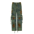 Loose fit cargo denim trousers with gradient coloured pockets and multiple storage compartments