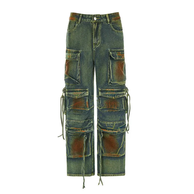 Loose fit cargo denim trousers with gradient coloured pockets and multiple storage compartments