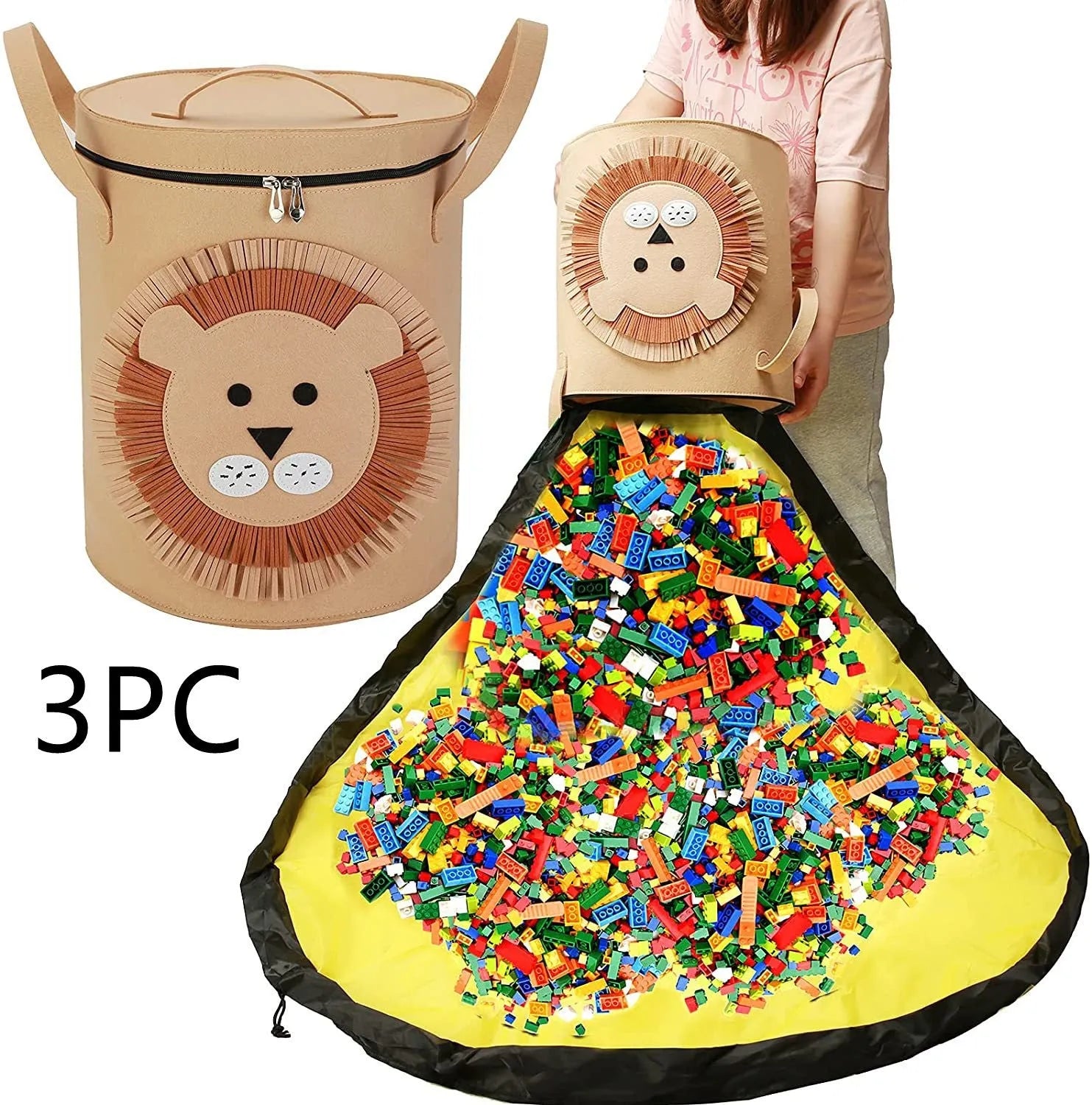 Green felt cube storage bag with pull rope that converts to flat play mat for toy organisation