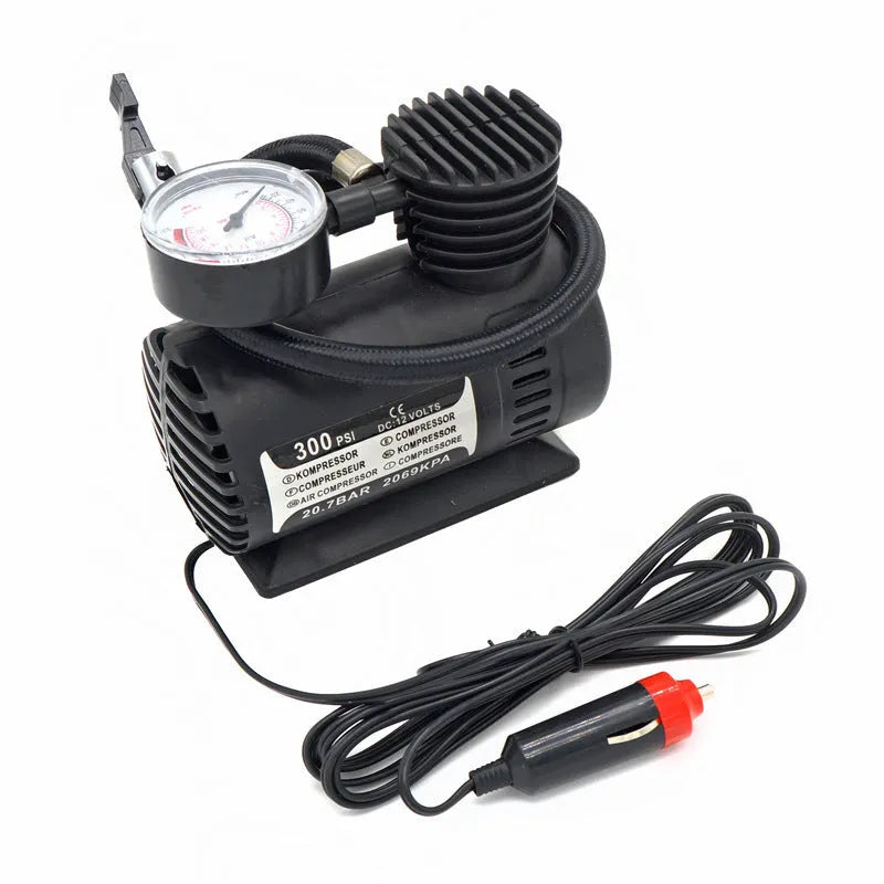 Mini 12V car air compressor in black with pressure gauge and 9-foot cord