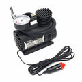 Mini 12V car air compressor in black with pressure gauge and 9-foot cord