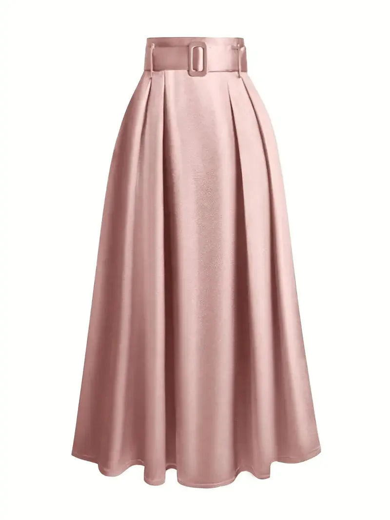 Women's high waist pure colour satin lace-up skirt in black polyester fabric, front view