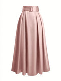 Women's high waist pure colour satin lace-up skirt in black polyester fabric, front view