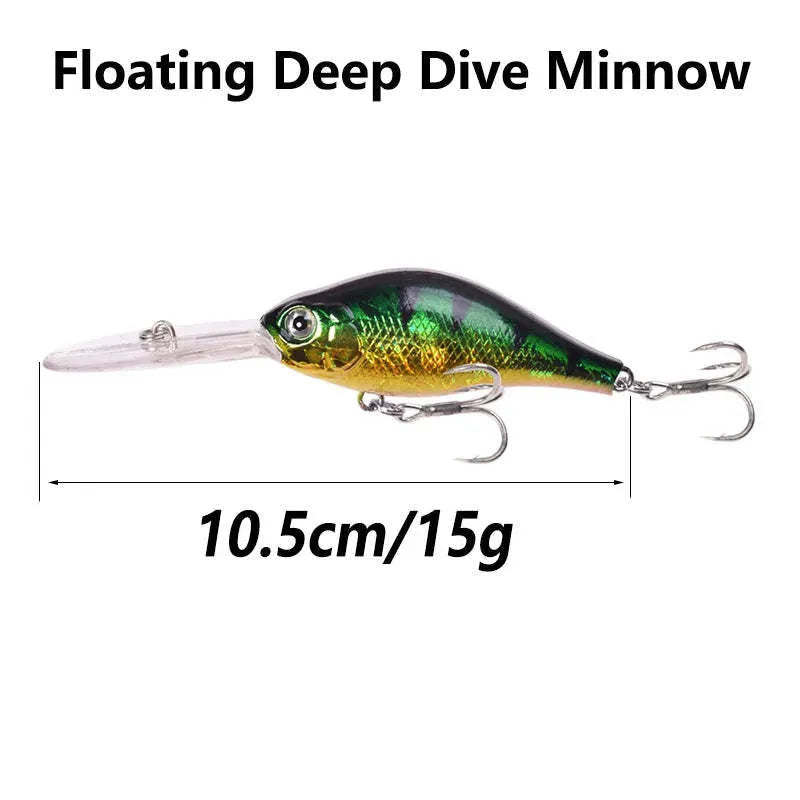 Deep diving fishing lure with long lip, 10.5cm length, in assorted colour patterns