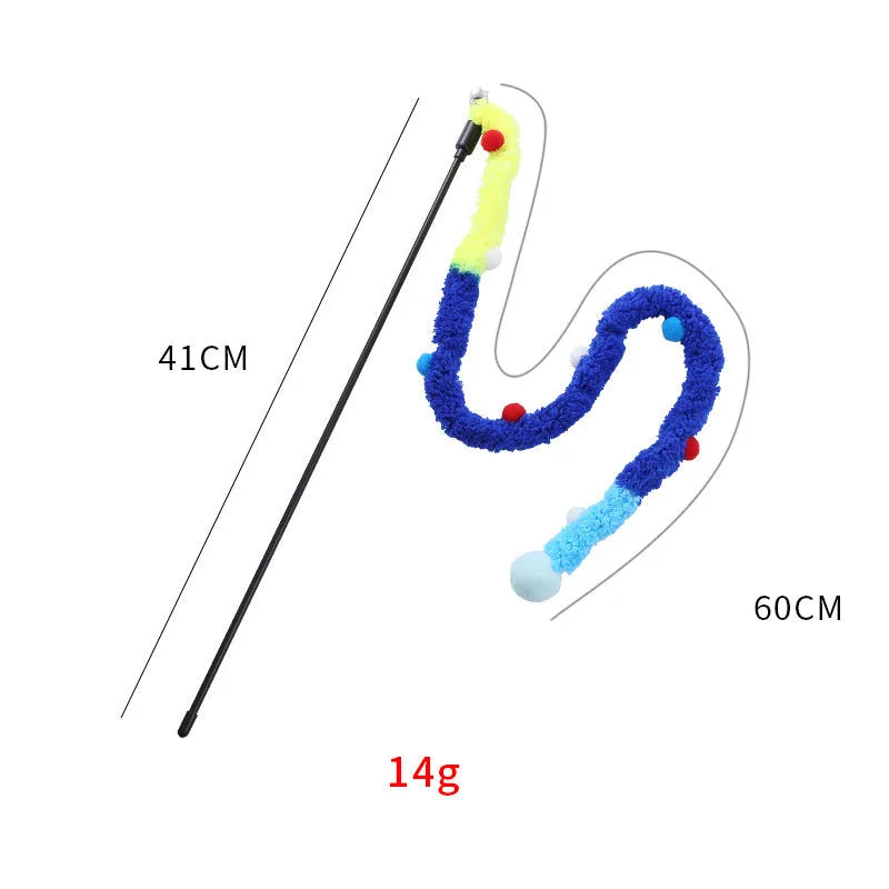 Blue cat wand toy with long plush strip and colourful ball with bells for interactive feline play