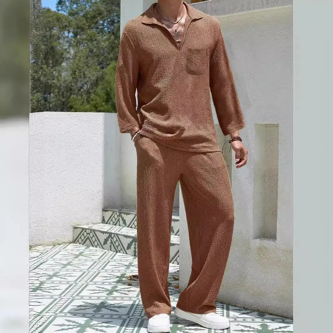 Men's casual polyester shirt trouser suit in lake blue colour with Asian sizing options