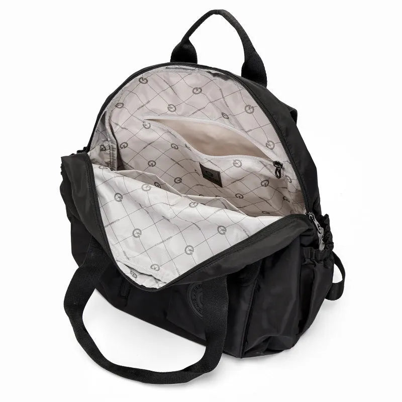 Women's outdoor backpack in black colour showing sandwich pocket design and large main compartment