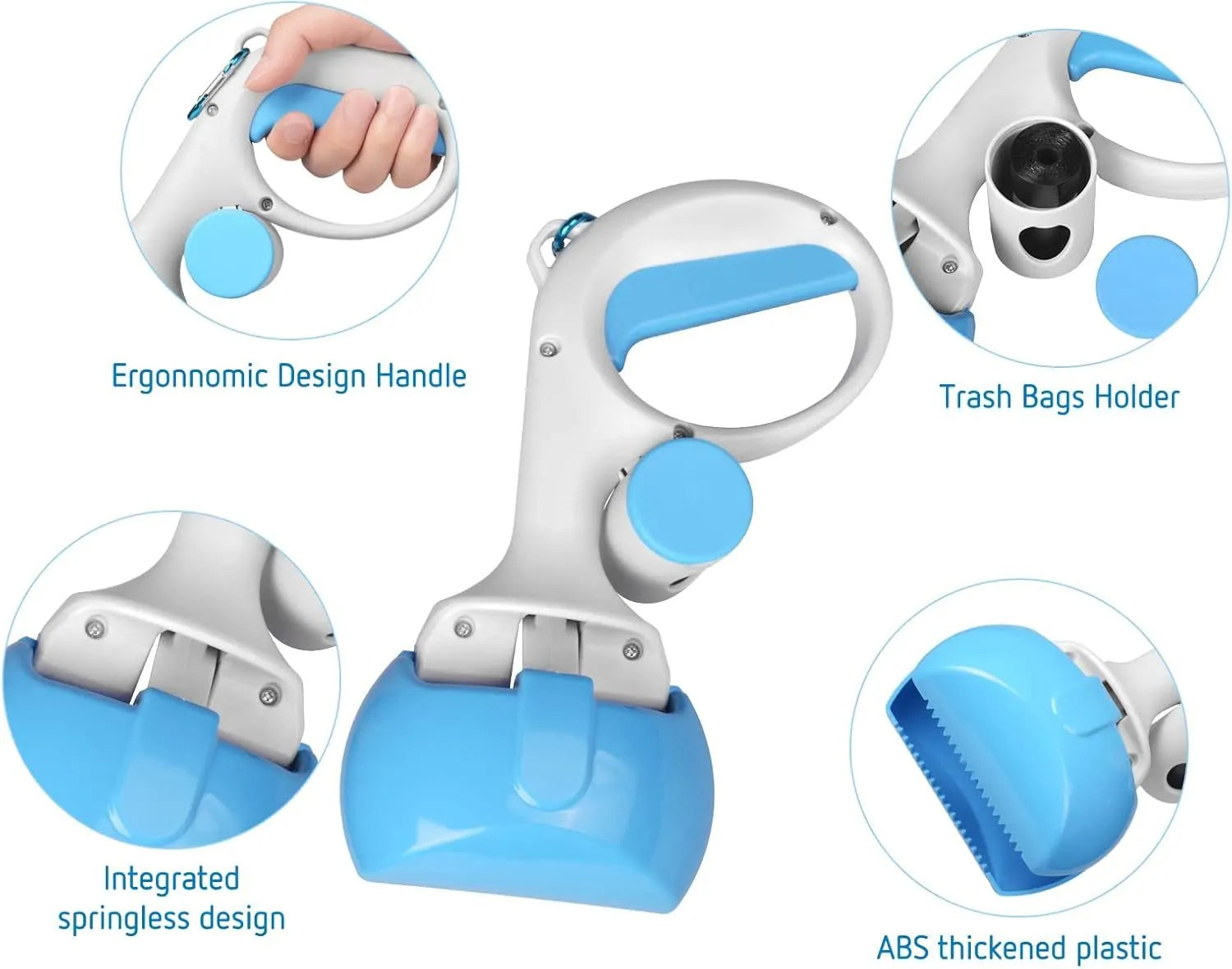 A heavy-duty ABS plastic pet pooper scooper with a built-in trash bag holder and top carry hook.